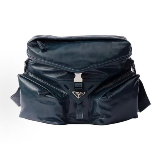 PRADA Re-Nylon enamel metal triangular logo crossbody single-shoulder bag for men in denim color